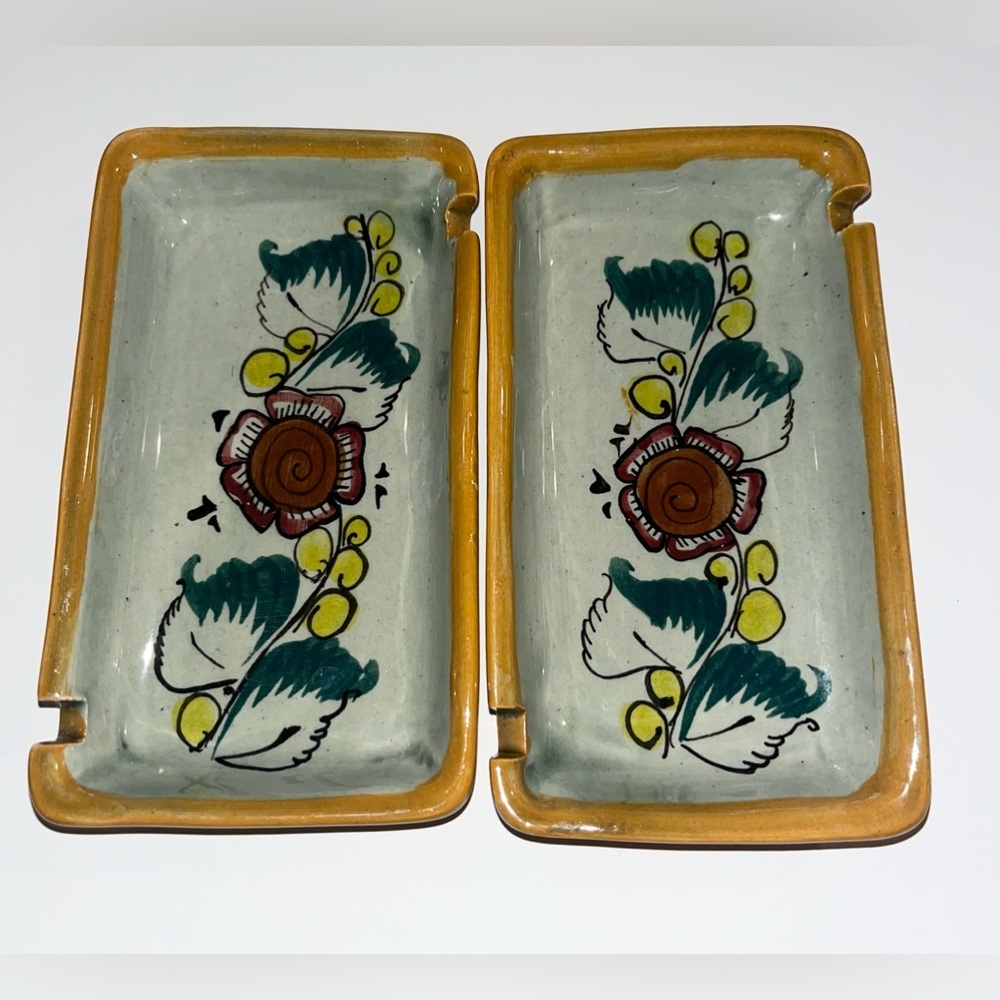 2 Tonala Mexican Art Pottery Ash Trays Floral Noe Suro 6"x3” Rectangle